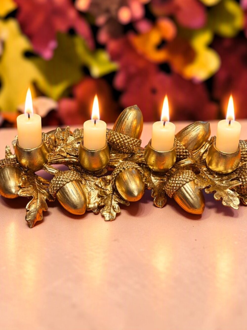 Gold Toned Acorns Oak Leaves Center Piece Candle Holder Candelabra Pottery Barn